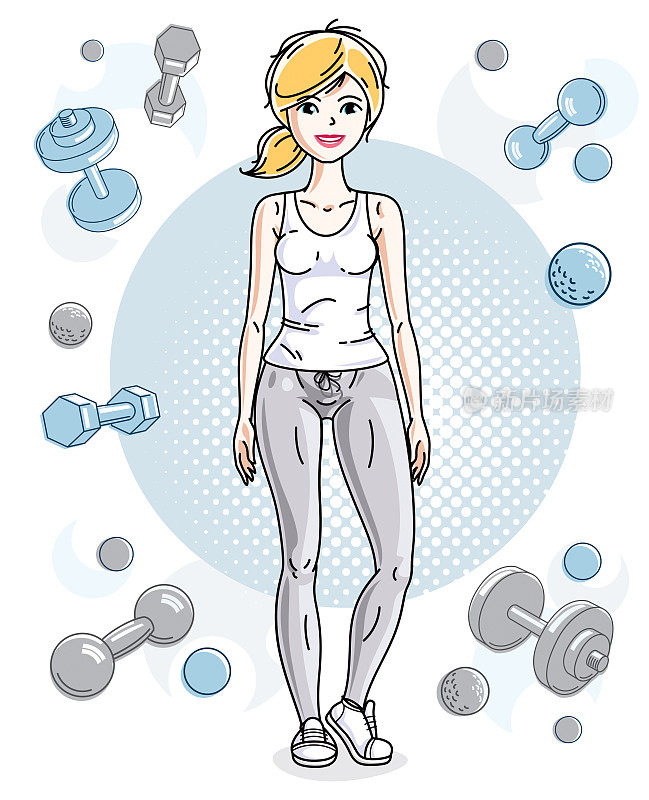 Attractive young blonde sportswoman adult standing on simple background with dumbbells and barbells. Vector illustration of lady wearing leggings and T-shirt.  Sport style.